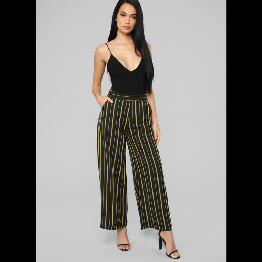 Black and Yellow Pinstripe Wide Leg Slacks